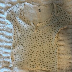 Brandy Melville cream Henley t shirt with sage green floral - one size